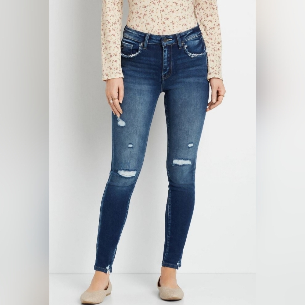 KanCan High Rise Distressed Dark Blue Skinny Jeans